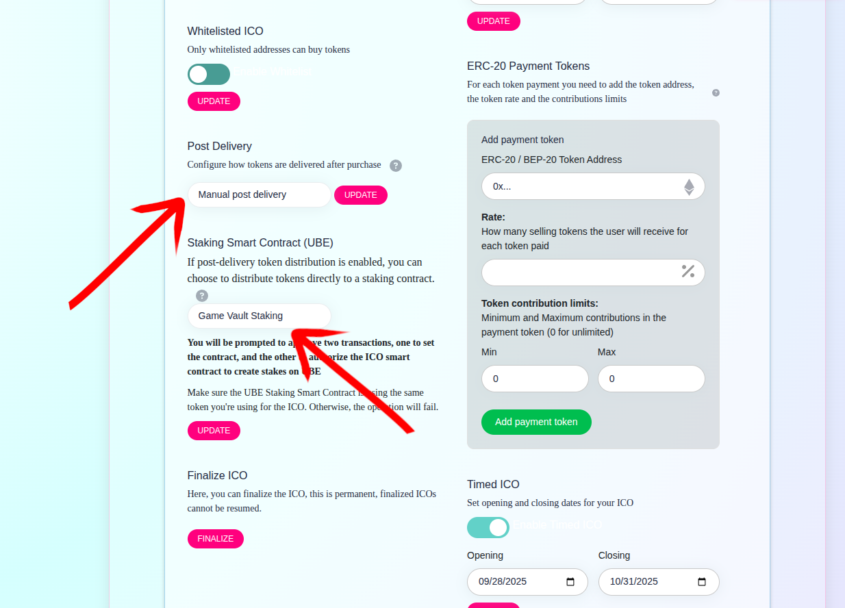 Set Manual Post Delivery and link the UBE staking contract, then update both settings