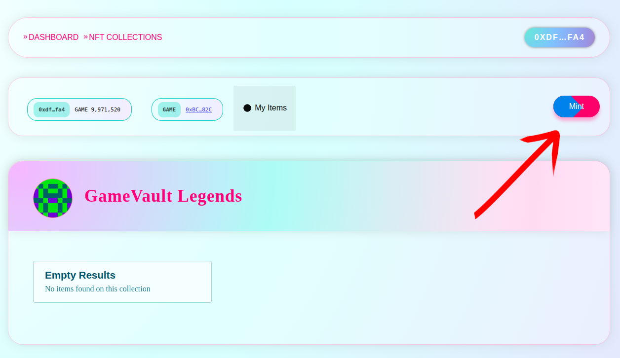 Open the mint item panel from the deployed UI