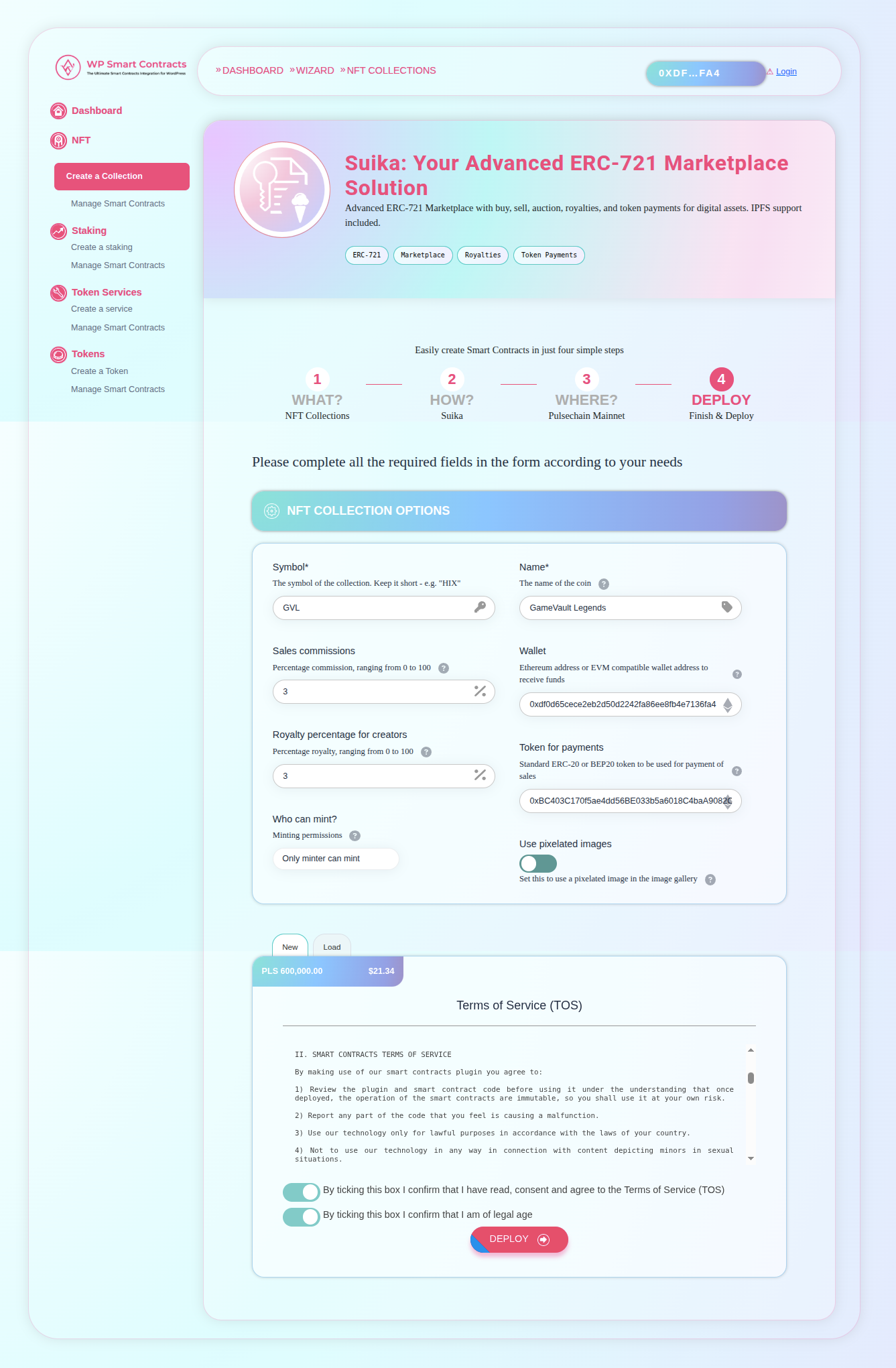 Configure collection fields, payment token (GAME), fees, and deploy