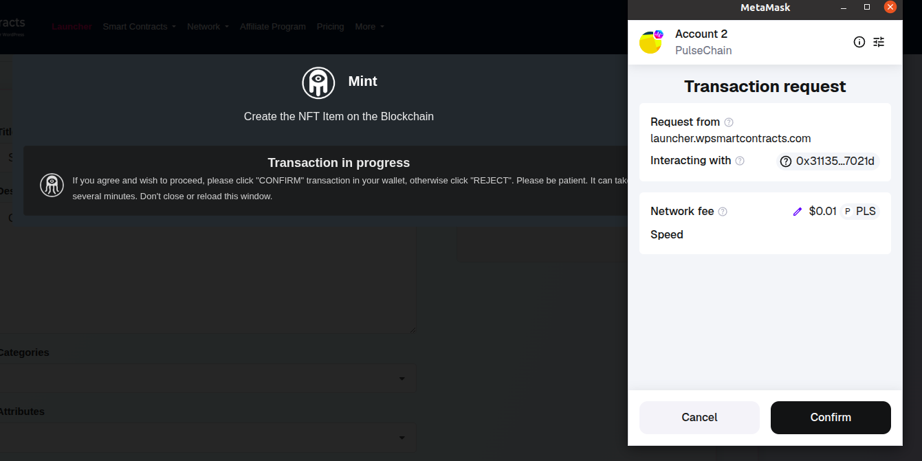 Confirm mint transaction in MetaMask